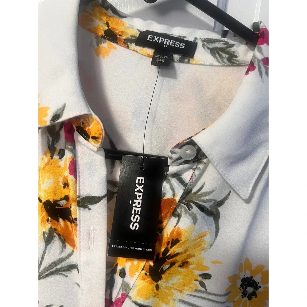 Express Floral Print Shirt Dress‎ Womens Short Sleeve Belted Casual White - Picture 5 of 5